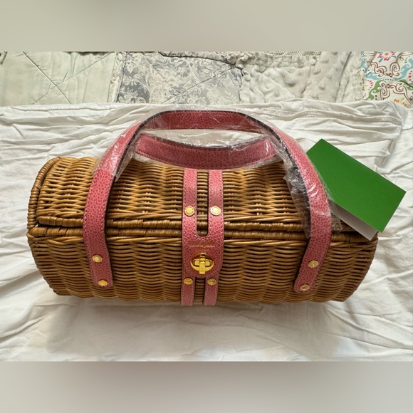 Kate Spade Wicker Picnic Basket Bag NWT Pink Leather Trim Floral Lining - Picture 3 of 9